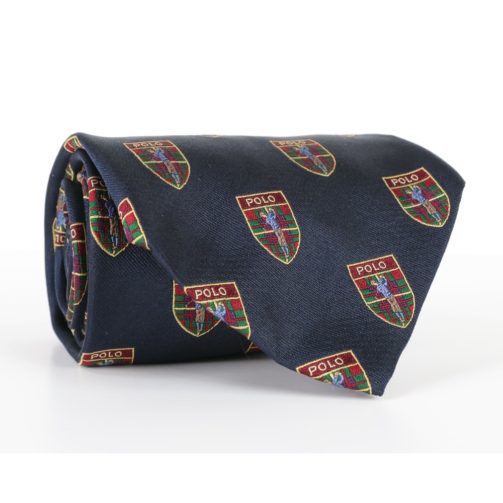 New Polo Ralph Lauren Necktie Navy Blue Silk Golfer Crest Shield USA Vintage - Picture 9 of 9